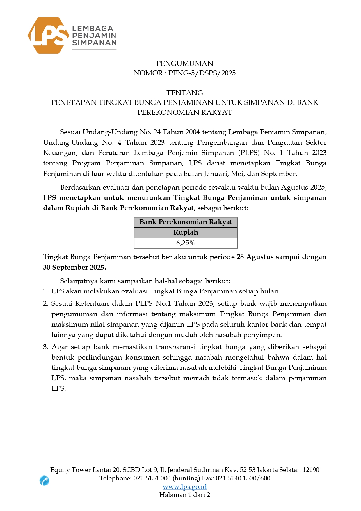 SUKU BUNGA LPS terbaru